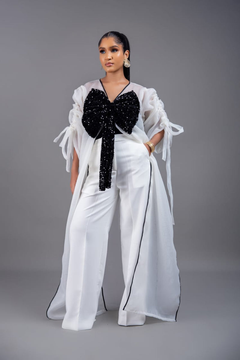 White kimono with black bow sequin and white wide leg pant set