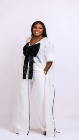 White kimono with black bow sequin and white wide leg pants Look 17